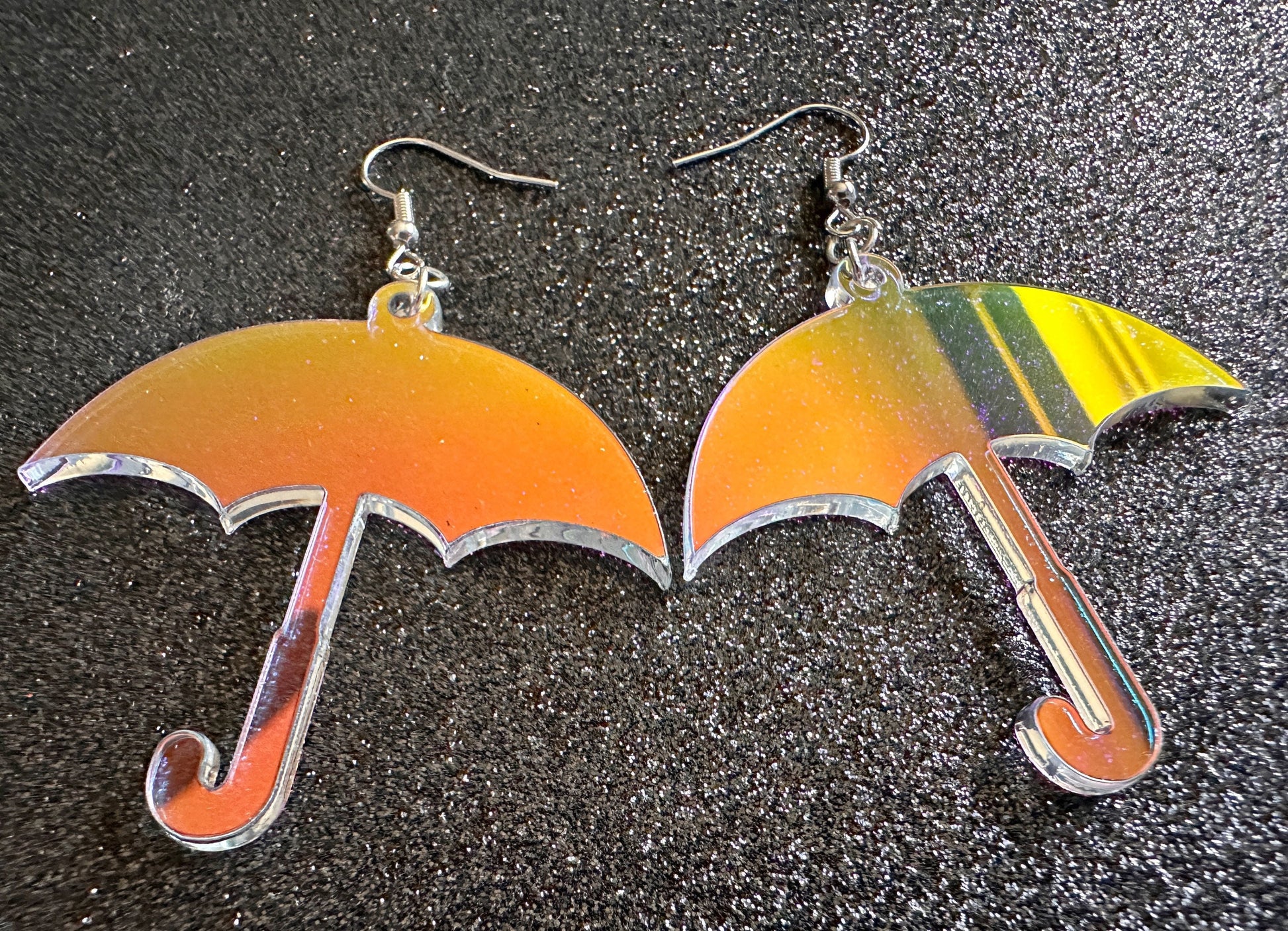 Iridescent Umbrella Earrings: Laser Cut Acrylic Umbrellas, Rain, Weather, Hearts, Green Earrings, Gifts for Her/Him/Them