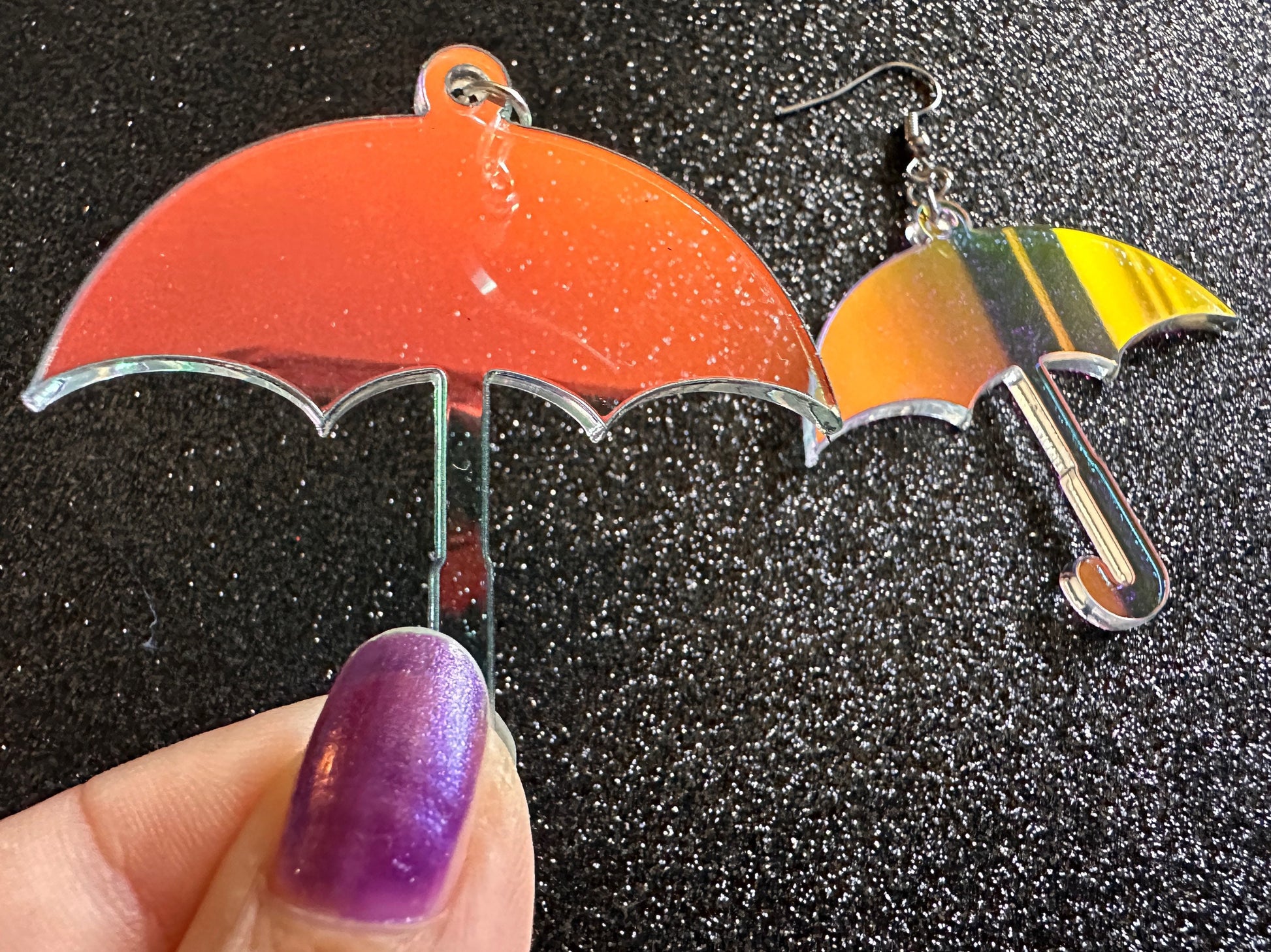 Iridescent Umbrella Earrings: Laser Cut Acrylic Umbrellas, Rain, Weather, Hearts, Green Earrings, Gifts for Her/Him/Them