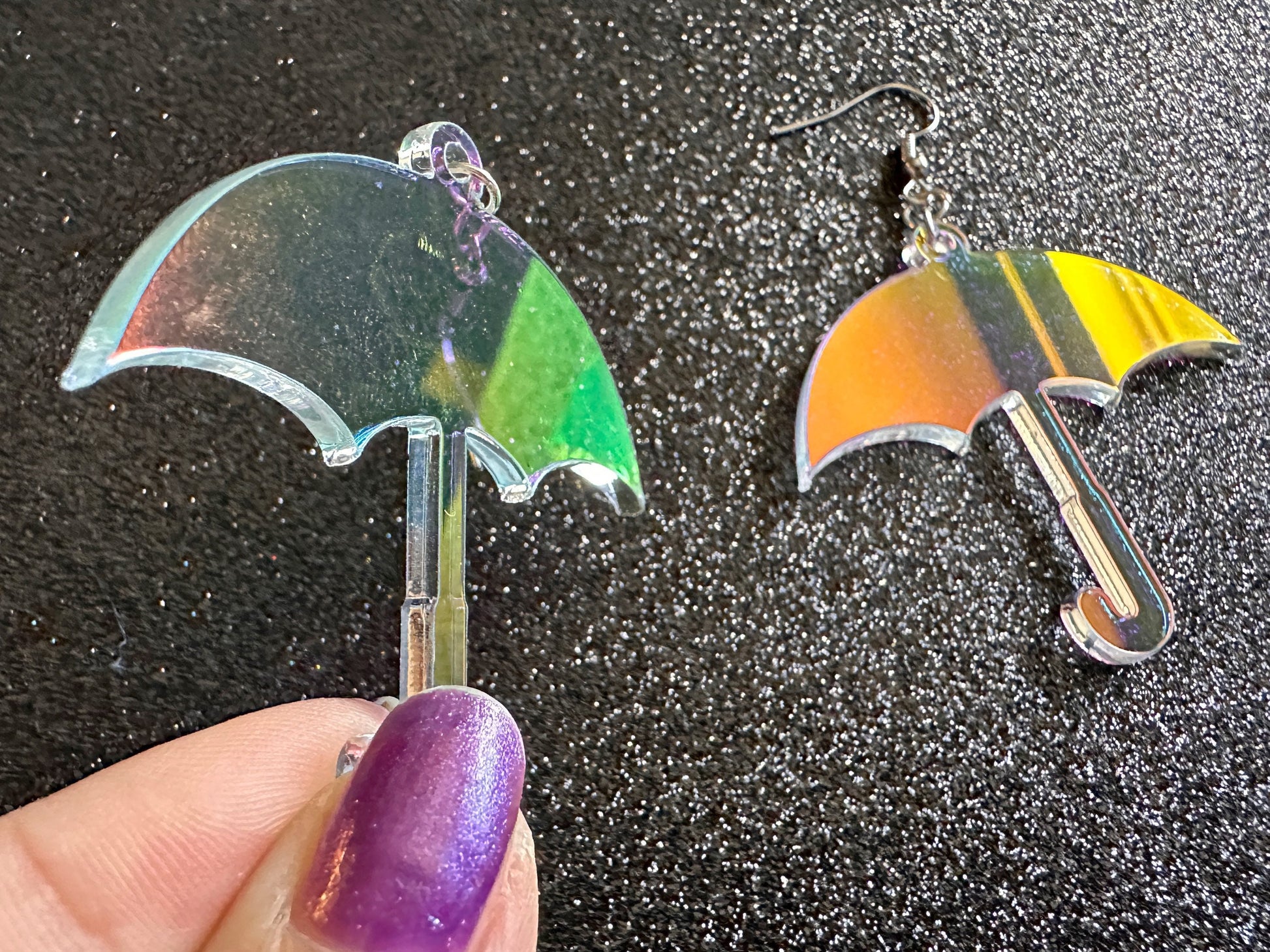 Iridescent Umbrella Earrings: Laser Cut Acrylic Umbrellas, Rain, Weather, Hearts, Green Earrings, Gifts for Her/Him/Them