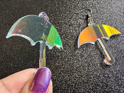 Iridescent Umbrella Earrings: Laser Cut Acrylic Umbrellas, Rain, Weather, Hearts, Green Earrings, Gifts for Her/Him/Them