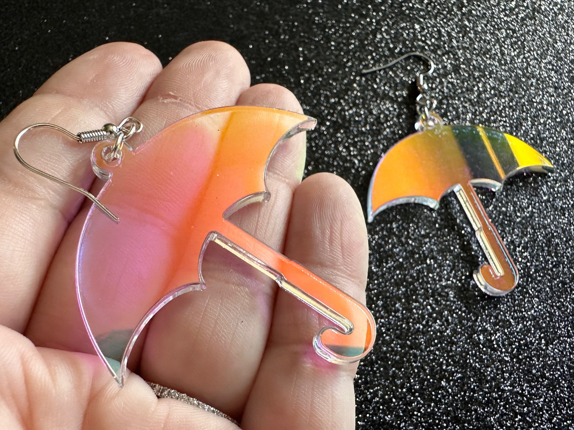 Iridescent Umbrella Earrings: Laser Cut Acrylic Umbrellas, Rain, Weather, Hearts, Green Earrings, Gifts for Her/Him/Them