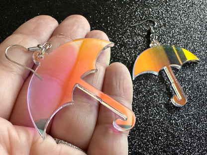Iridescent Umbrella Earrings: Laser Cut Acrylic Umbrellas, Rain, Weather, Hearts, Green Earrings, Gifts for Her/Him/Them