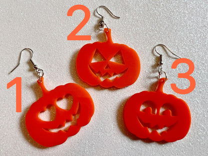 Jack-O-Lantern Halloween Earrings: Laser Cut Acrylic Pumpkins, Scary, Spooky, Horror, Gifts for Her/Him/Them