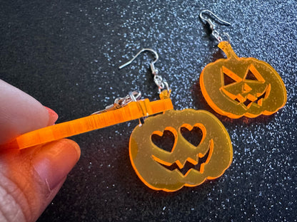 Jack-O-Lantern Halloween Earrings: Laser Cut Acrylic Pumpkins, Scary, Spooky, Horror, Gifts for Her/Him/Them