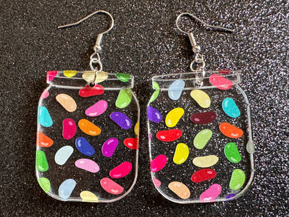 Jelly Bean Earrings: Laser Cut Acrylic Jelly Beans in Jars, Candy, Sweet, Dessert, Novelty Earrings, Rainbow, Best Gifts for Her/Him/Them