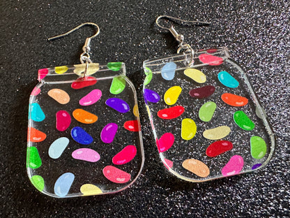 Jelly Bean Earrings: Laser Cut Acrylic Jelly Beans in Jars, Candy, Sweet, Dessert, Novelty Earrings, Rainbow, Best Gifts for Her/Him/Them
