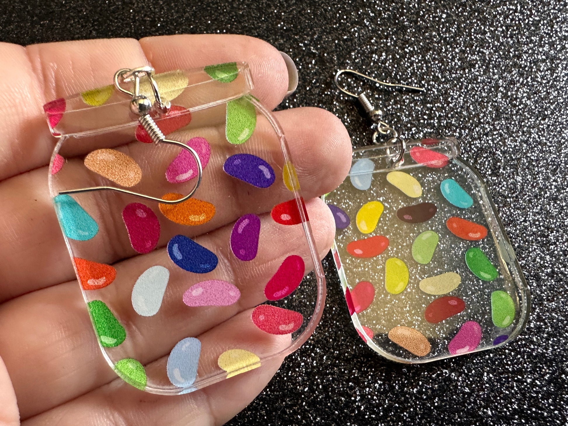 Jelly Bean Earrings: Laser Cut Acrylic Jelly Beans in Jars, Candy, Sweet, Dessert, Novelty Earrings, Rainbow, Best Gifts for Her/Him/Them