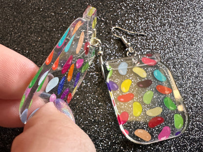 Jelly Bean Earrings: Laser Cut Acrylic Jelly Beans in Jars, Candy, Sweet, Dessert, Novelty Earrings, Rainbow, Best Gifts for Her/Him/Them