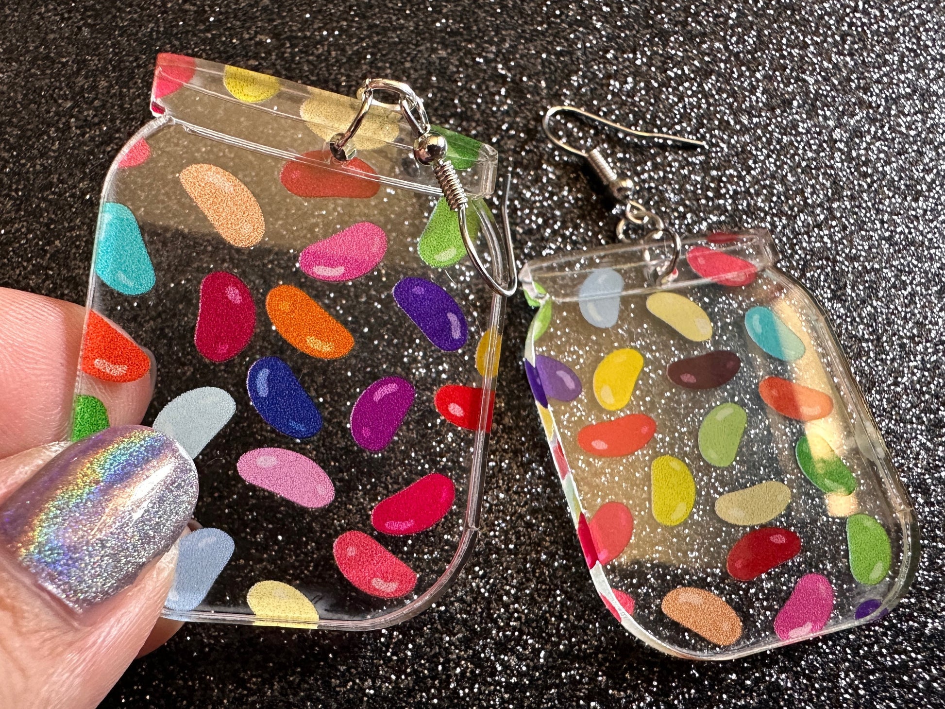 Jelly Bean Earrings: Laser Cut Acrylic Jelly Beans in Jars, Candy, Sweet, Dessert, Novelty Earrings, Rainbow, Best Gifts for Her/Him/Them