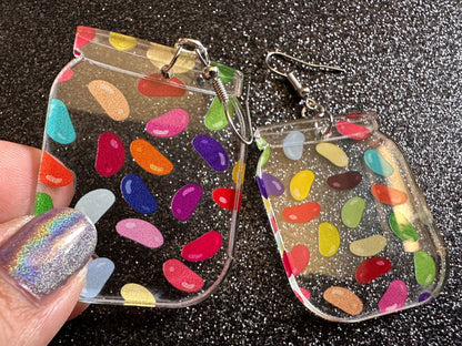 Jelly Bean Earrings: Laser Cut Acrylic Jelly Beans in Jars, Candy, Sweet, Dessert, Novelty Earrings, Rainbow, Best Gifts for Her/Him/Them