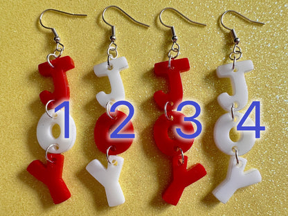 Joy Earrings: Laser Cut Acrylic Christmas Earrings, Xmas, Santa, Gifts for Her/Him/Them