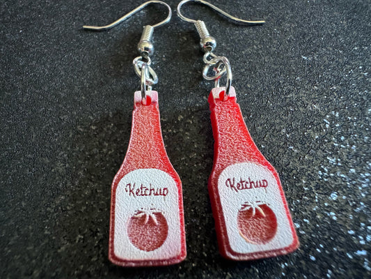 Ketchup Bottle Earrings: Laser Cut Acrylic Ketchup Earrings, Food, Tomato, Sauce, Condiments, Food Earrings, Best Gifts for Her/Him/Them