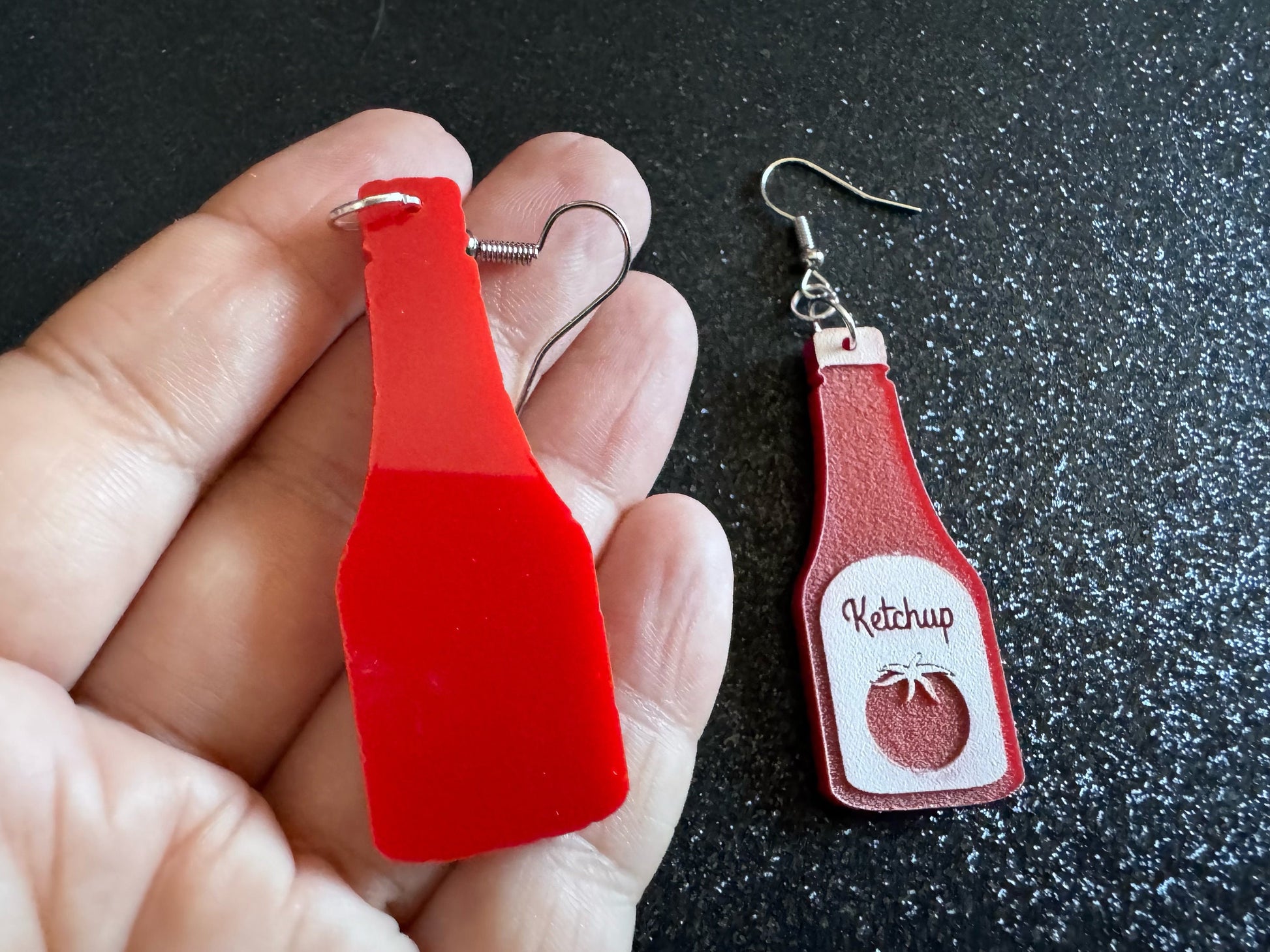 Ketchup Bottle Earrings: Laser Cut Acrylic Ketchup Earrings, Food, Tomato, Sauce, Condiments, Food Earrings, Best Gifts for Her/Him/Them