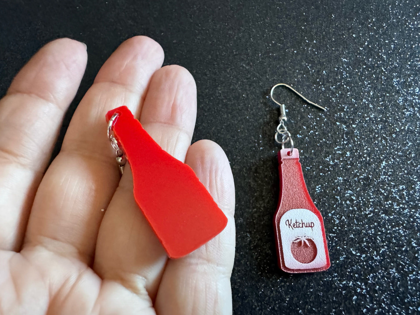 Ketchup Bottle Earrings: Laser Cut Acrylic Ketchup Earrings, Food, Tomato, Sauce, Condiments, Food Earrings, Best Gifts for Her/Him/Them