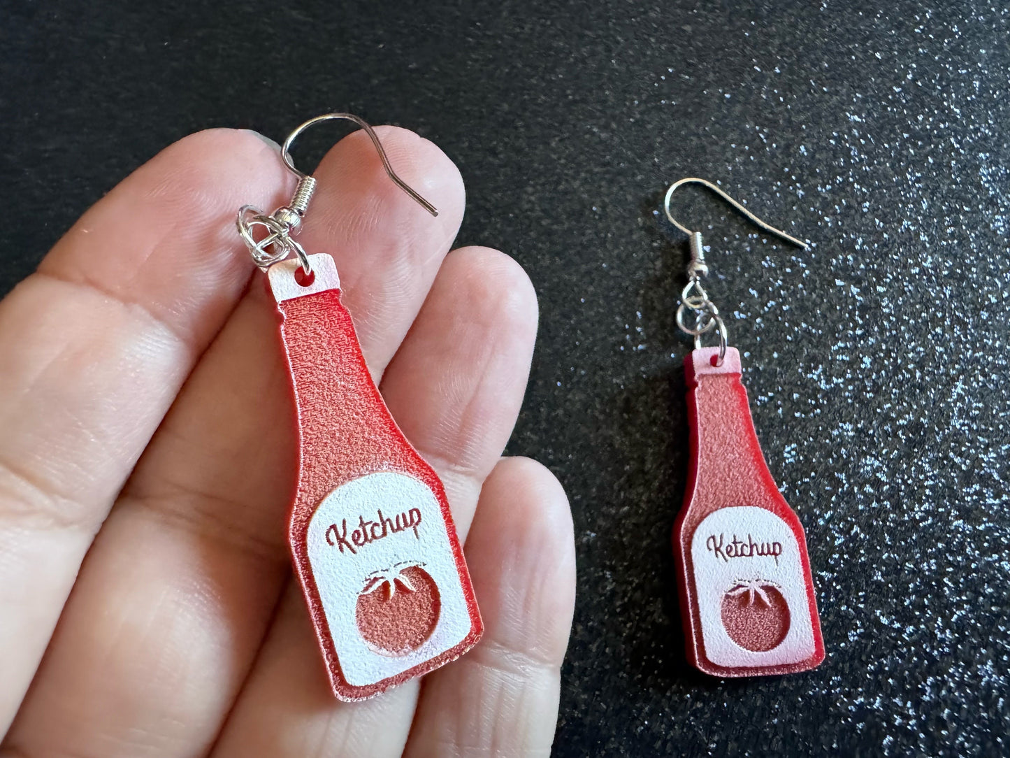 Ketchup Bottle Earrings: Laser Cut Acrylic Ketchup Earrings, Food, Tomato, Sauce, Condiments, Food Earrings, Best Gifts for Her/Him/Them