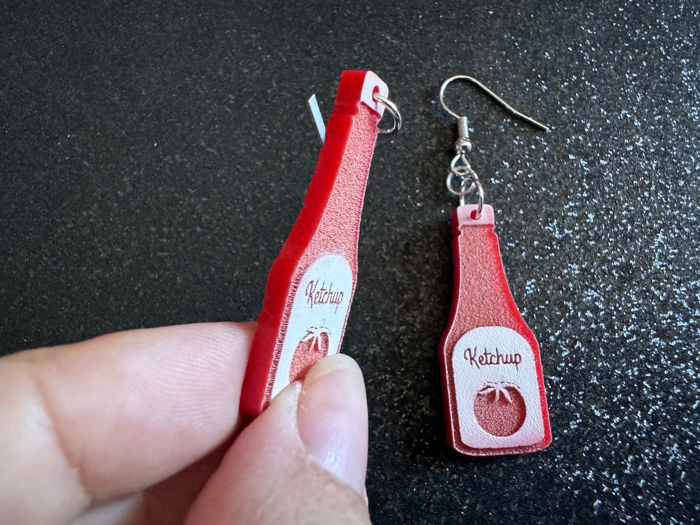 Ketchup Bottle Earrings: Laser Cut Acrylic Ketchup Earrings, Food, Tomato, Sauce, Condiments, Food Earrings, Best Gifts for Her/Him/Them