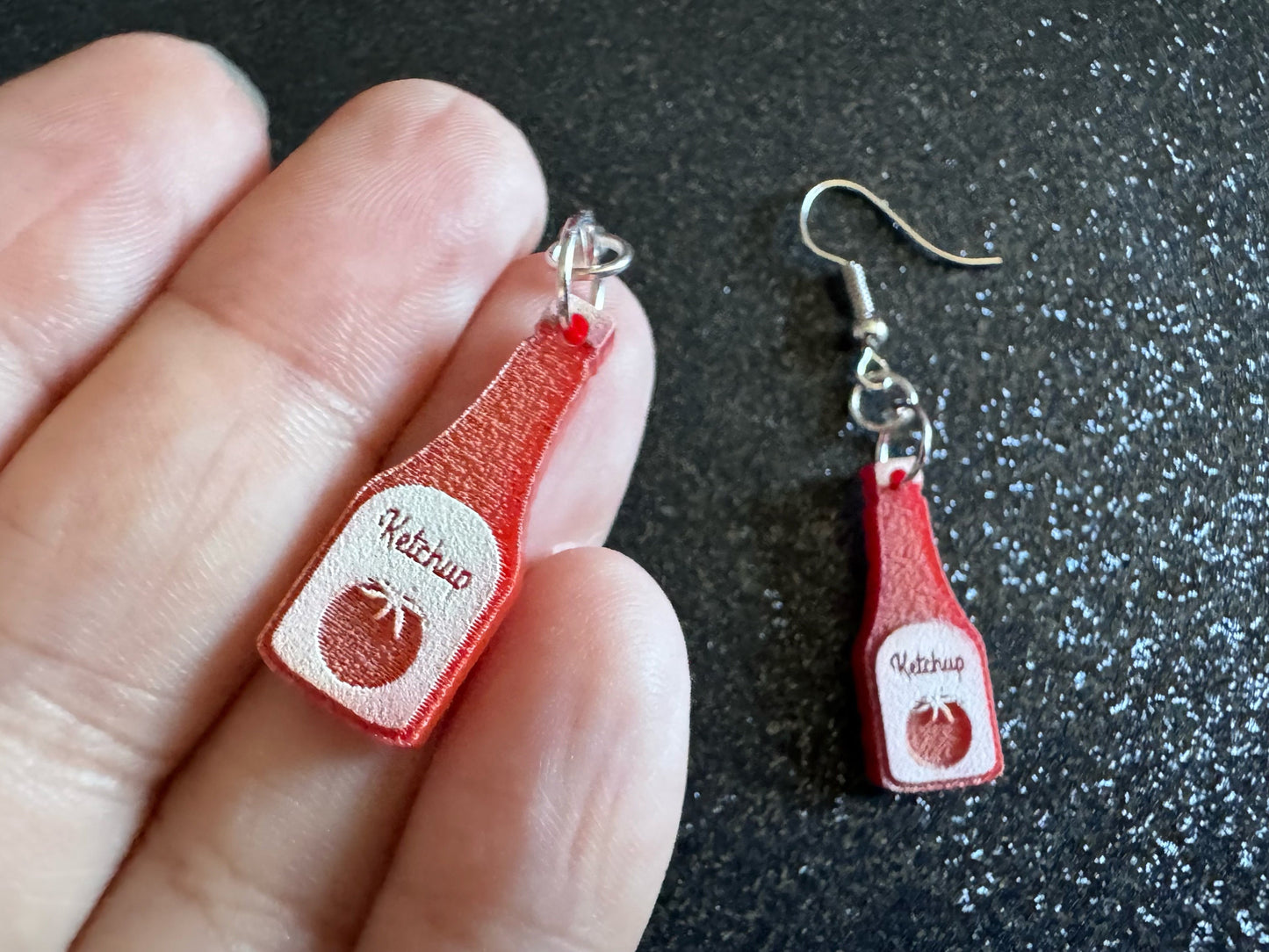 Ketchup Bottle Earrings: Laser Cut Acrylic Ketchup Earrings, Food, Tomato, Sauce, Condiments, Food Earrings, Best Gifts for Her/Him/Them