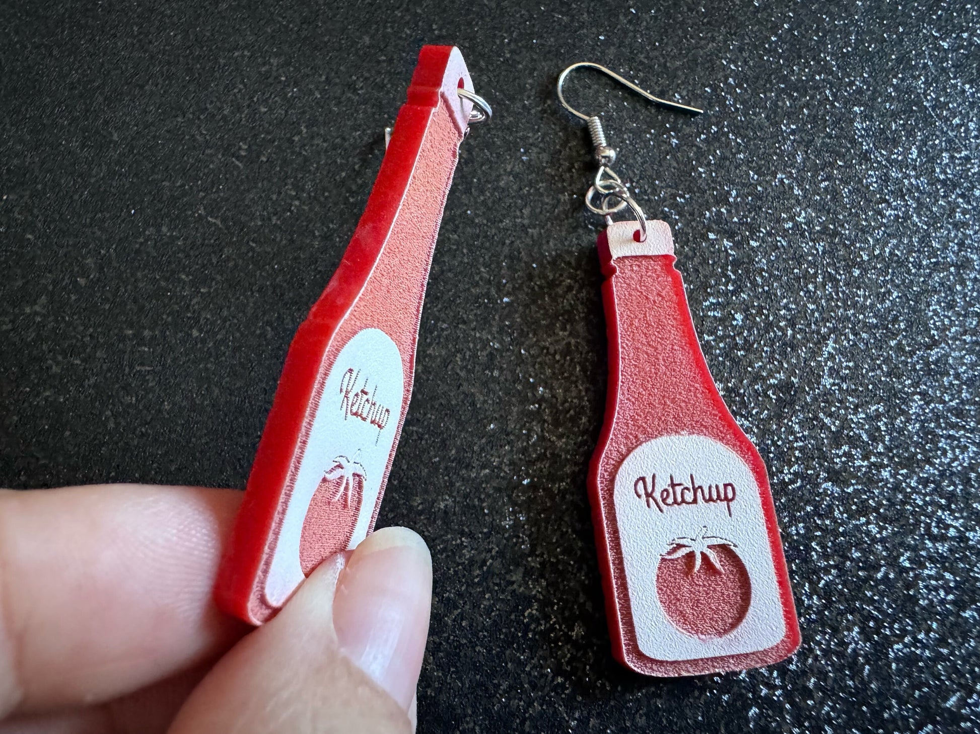Ketchup Bottle Earrings: Laser Cut Acrylic Ketchup Earrings, Food, Tomato, Sauce, Condiments, Food Earrings, Best Gifts for Her/Him/Them