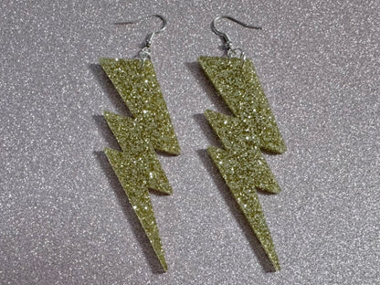 Large Glittery Gold Large Lightning Earrings: Laser Cut Acrylic Lightning Bolts, Storm, Stormy Weather, Best Gifts for Her/Him/Them