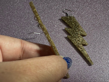 Large Glittery Gold Large Lightning Earrings: Laser Cut Acrylic Lightning Bolts, Storm, Stormy Weather, Best Gifts for Her/Him/Them