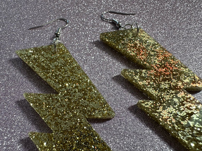Large Glittery Gold Large Lightning Earrings: Laser Cut Acrylic Lightning Bolts, Storm, Stormy Weather, Best Gifts for Her/Him/Them