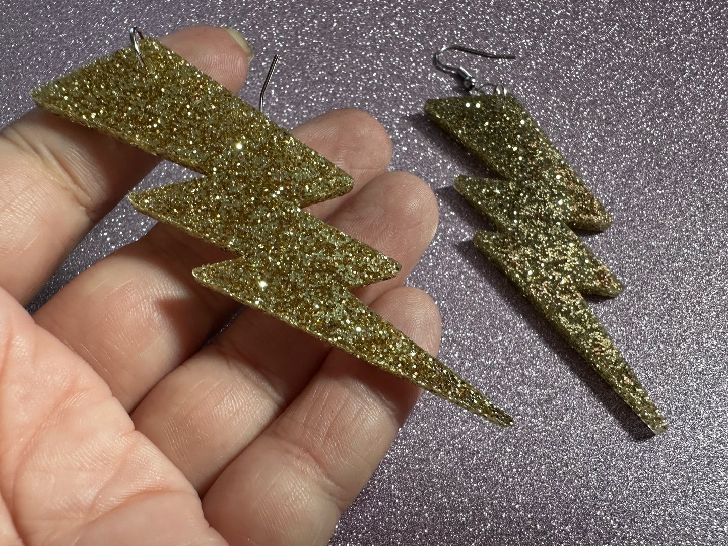 Large Glittery Gold Large Lightning Earrings: Laser Cut Acrylic Lightning Bolts, Storm, Stormy Weather, Best Gifts for Her/Him/Them