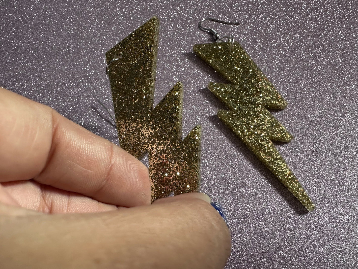 Large Glittery Gold Large Lightning Earrings: Laser Cut Acrylic Lightning Bolts, Storm, Stormy Weather, Best Gifts for Her/Him/Them