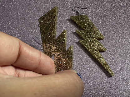 Large Glittery Gold Large Lightning Earrings: Laser Cut Acrylic Lightning Bolts, Storm, Stormy Weather, Best Gifts for Her/Him/Them