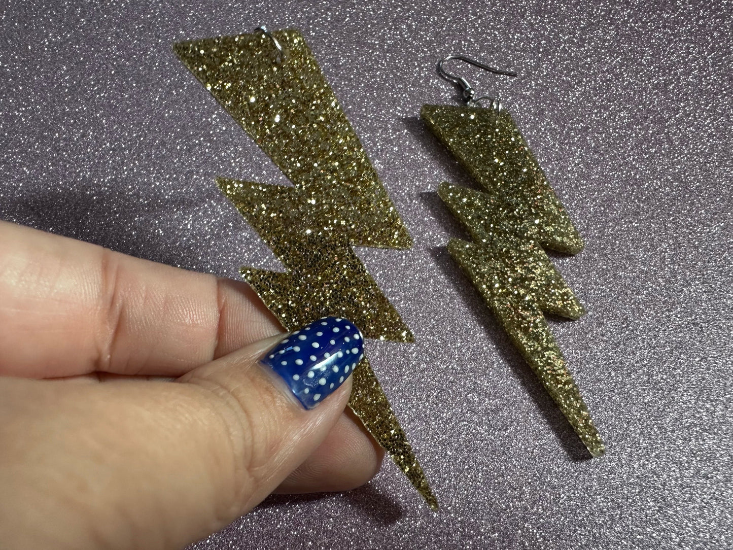 Large Glittery Gold Large Lightning Earrings: Laser Cut Acrylic Lightning Bolts, Storm, Stormy Weather, Best Gifts for Her/Him/Them