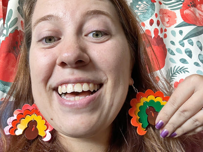 Large Turkey Earrings: Laser Cut Acrylic Turkeys, Thanksgiving, Holiday, Give Thanks, Family, Friendsgiving, Chicken, Gifts for Her/Him/Them