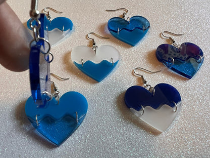 Laser Cut Acrylic Ocean Wave Heart Earrings