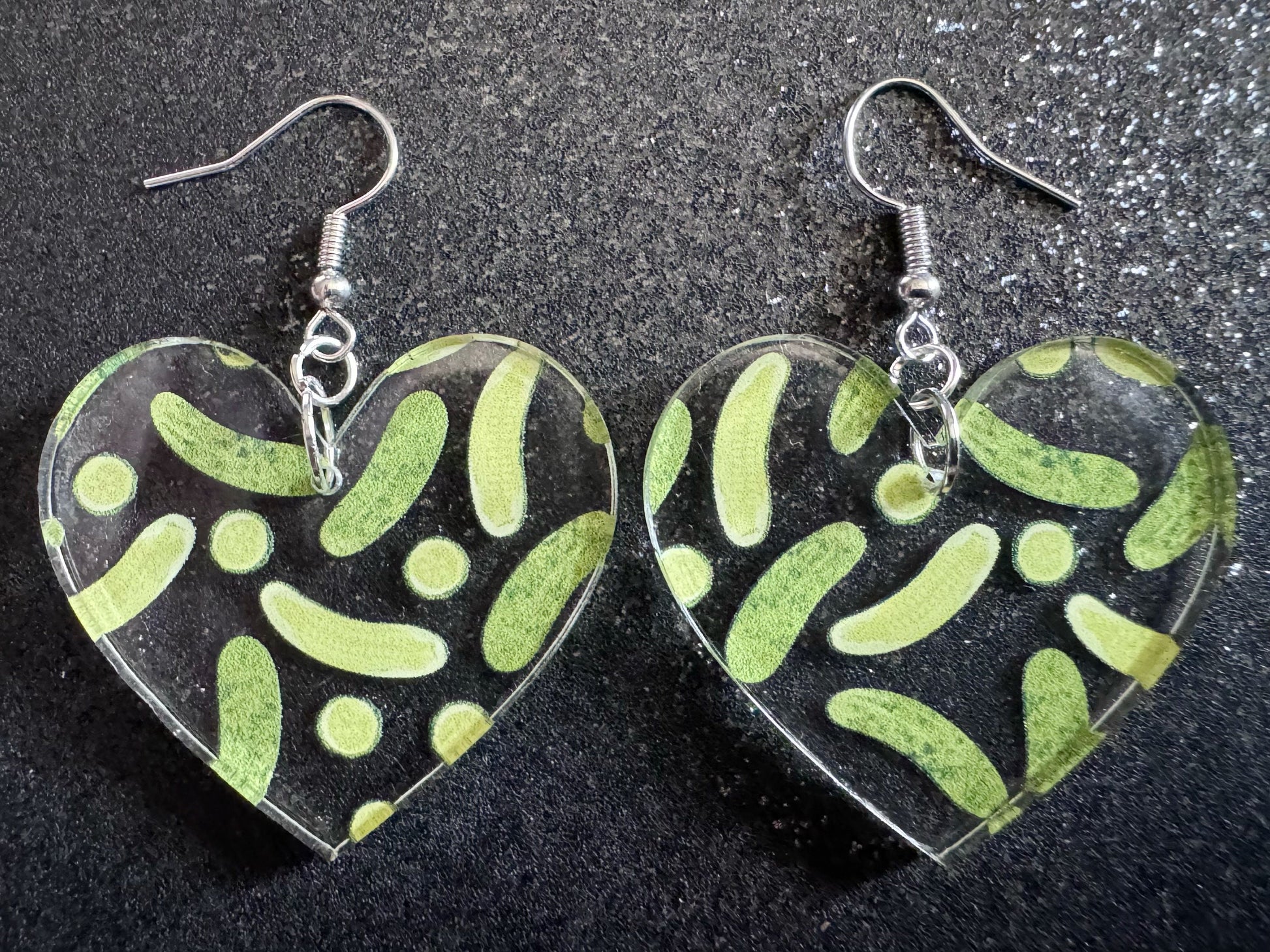 Laser Cut Pickle Earrings: Acrylic Heart, Food Jewelry