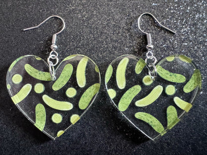 Laser Cut Pickle Earrings: Acrylic Heart, Food Jewelry