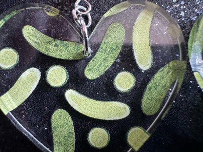 Laser Cut Pickle Earrings: Acrylic Heart, Food Jewelry