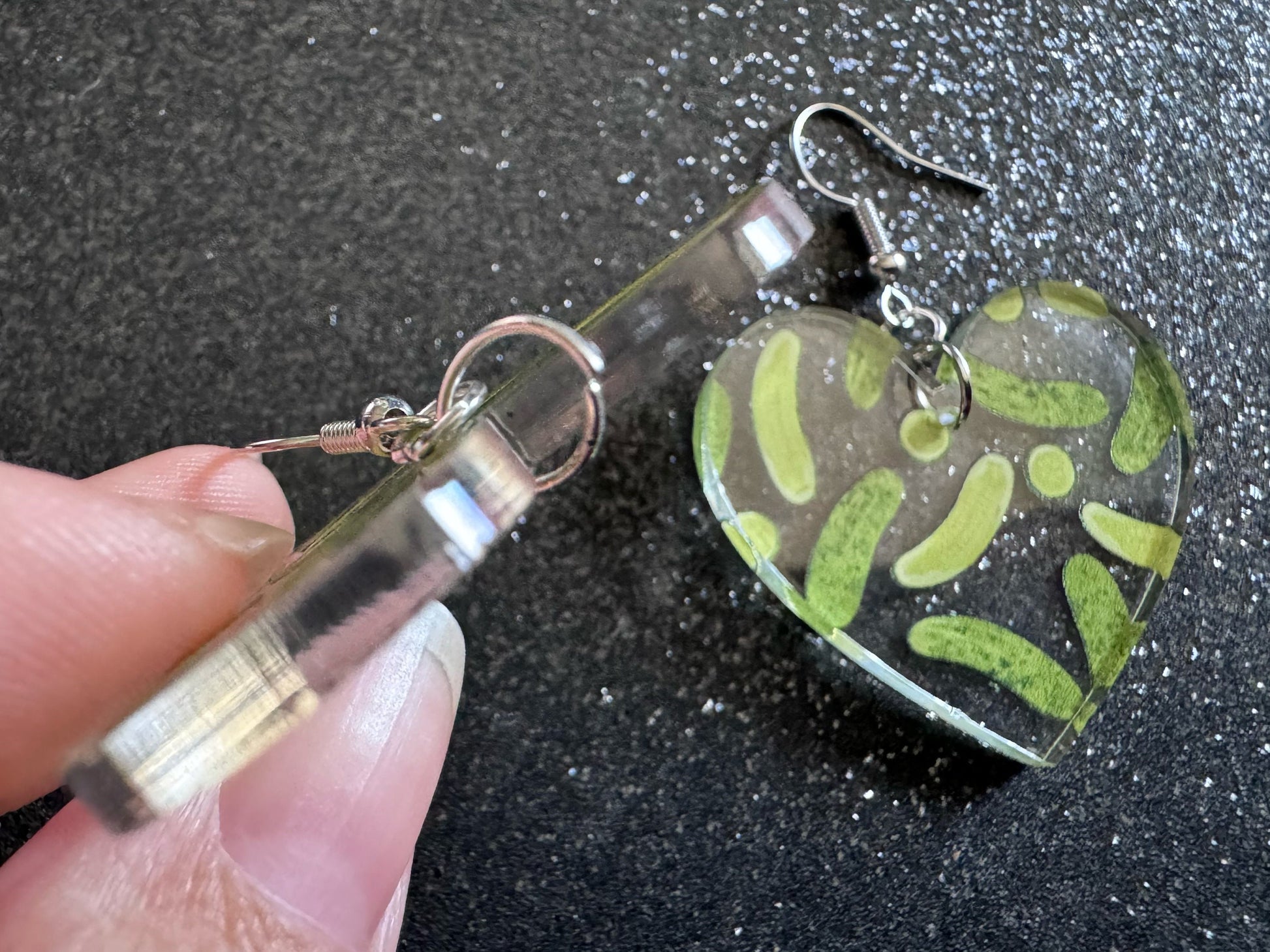 Laser Cut Pickle Earrings: Acrylic Heart, Food Jewelry