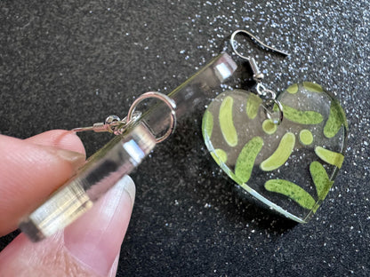 Laser Cut Pickle Earrings: Acrylic Heart, Food Jewelry