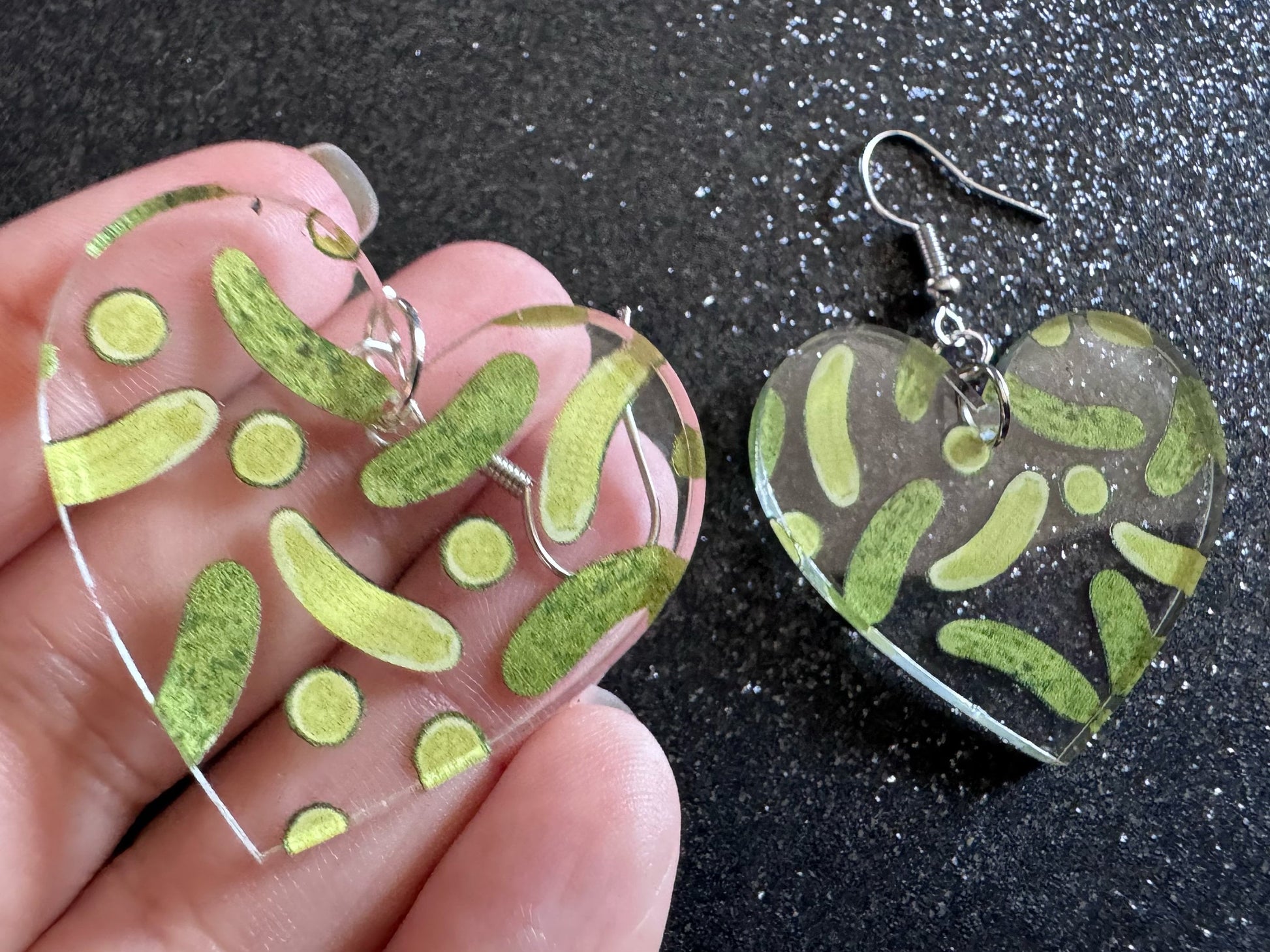 Laser Cut Pickle Earrings: Acrylic Heart, Food Jewelry
