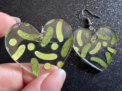 Laser Cut Pickle Earrings: Acrylic Heart, Food Jewelry