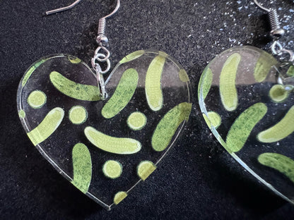 Laser Cut Pickle Earrings: Acrylic Heart, Food Jewelry