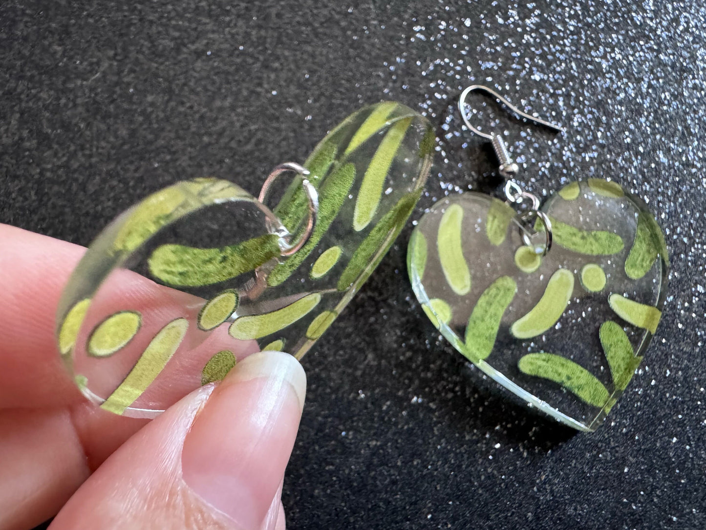 Laser Cut Pickle Earrings: Acrylic Heart, Food Jewelry