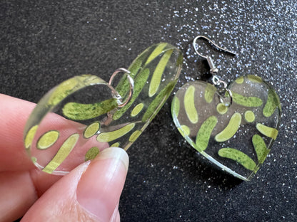 Laser Cut Pickle Earrings: Acrylic Heart, Food Jewelry