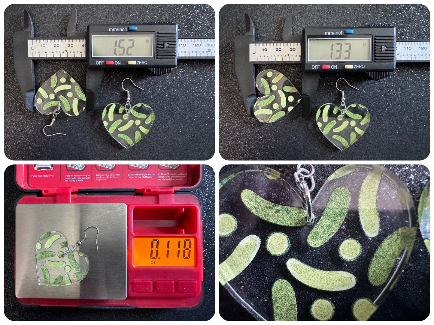 Laser Cut Pickle Earrings: Acrylic Heart, Food Jewelry