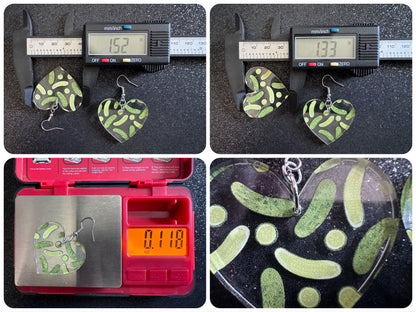 Laser Cut Pickle Earrings: Acrylic Heart, Food Jewelry