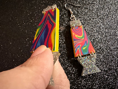 Lava Lamp Earrings: Laser Cut Acrylic Lava Lamps, Rainbow, Pop Culture, Colorful Retro Vibe, Glitter, Hippie, Best Gifts for Her/Him/Them