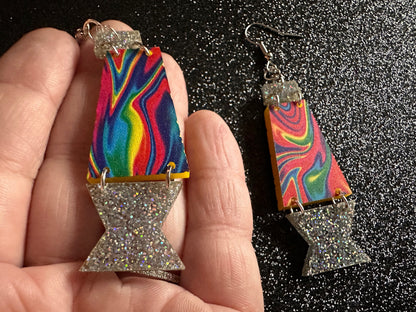 Lava Lamp Earrings: Laser Cut Acrylic Lava Lamps, Rainbow, Pop Culture, Colorful Retro Vibe, Glitter, Hippie, Best Gifts for Her/Him/Them