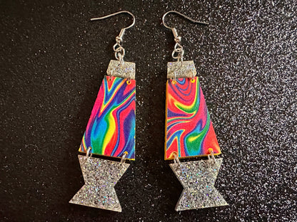 Lava Lamp Earrings: Laser Cut Acrylic Lava Lamps, Rainbow, Pop Culture, Colorful Retro Vibe, Glitter, Hippie, Best Gifts for Her/Him/Them