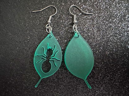 Leaf Ant Earrings: Laser Cut Acrylic Leaves, Tropical, Green Earrings, Bugs, Insects, Novelty, Plants, Best Gifts for Her/Him/Them