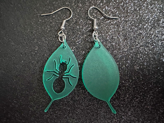 Leaf Ant Earrings: Laser Cut Acrylic Leaves, Tropical, Green Earrings, Bugs, Insects, Novelty, Plants, Best Gifts for Her/Him/Them