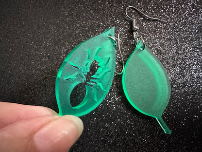 Leaf Ant Earrings: Laser Cut Acrylic Leaves, Tropical, Green Earrings, Bugs, Insects, Novelty, Plants, Best Gifts for Her/Him/Them