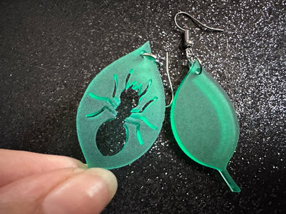 Leaf Ant Earrings: Laser Cut Acrylic Leaves, Tropical, Green Earrings, Bugs, Insects, Novelty, Plants, Best Gifts for Her/Him/Them